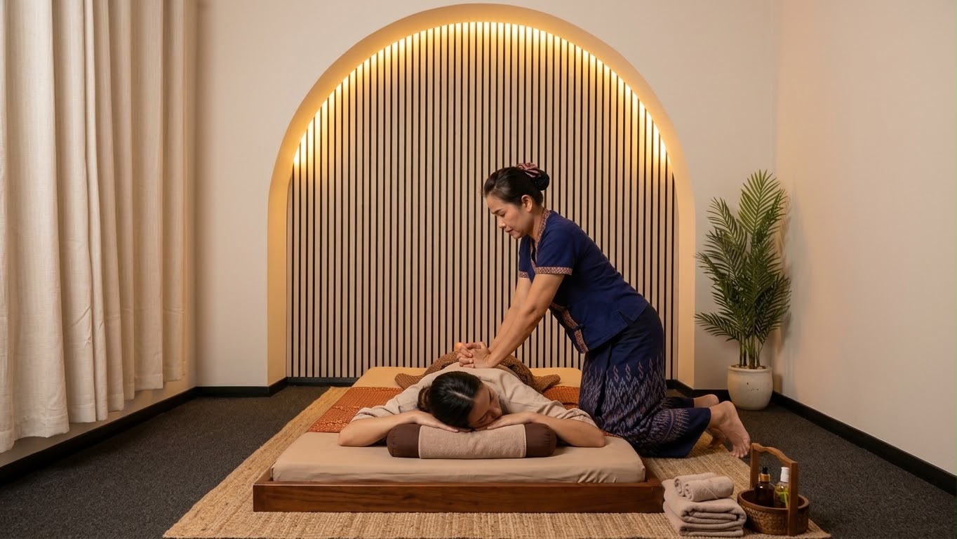 Thai therapist delivering a traditional massage